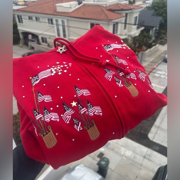 Vintage Y2K Quacker Factory red gold stars embroidered flags zip up hoodie sz 1X - Picture 2 of 15